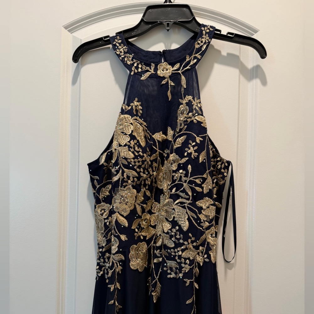 Cachet Navy Dress with Gold Floral Embroidery NWT
